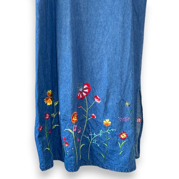 Vintage Quacker Factory Denim Jumper Dress Floral Embroidery Bee Size 12 Maxi - Picture 3 of 10